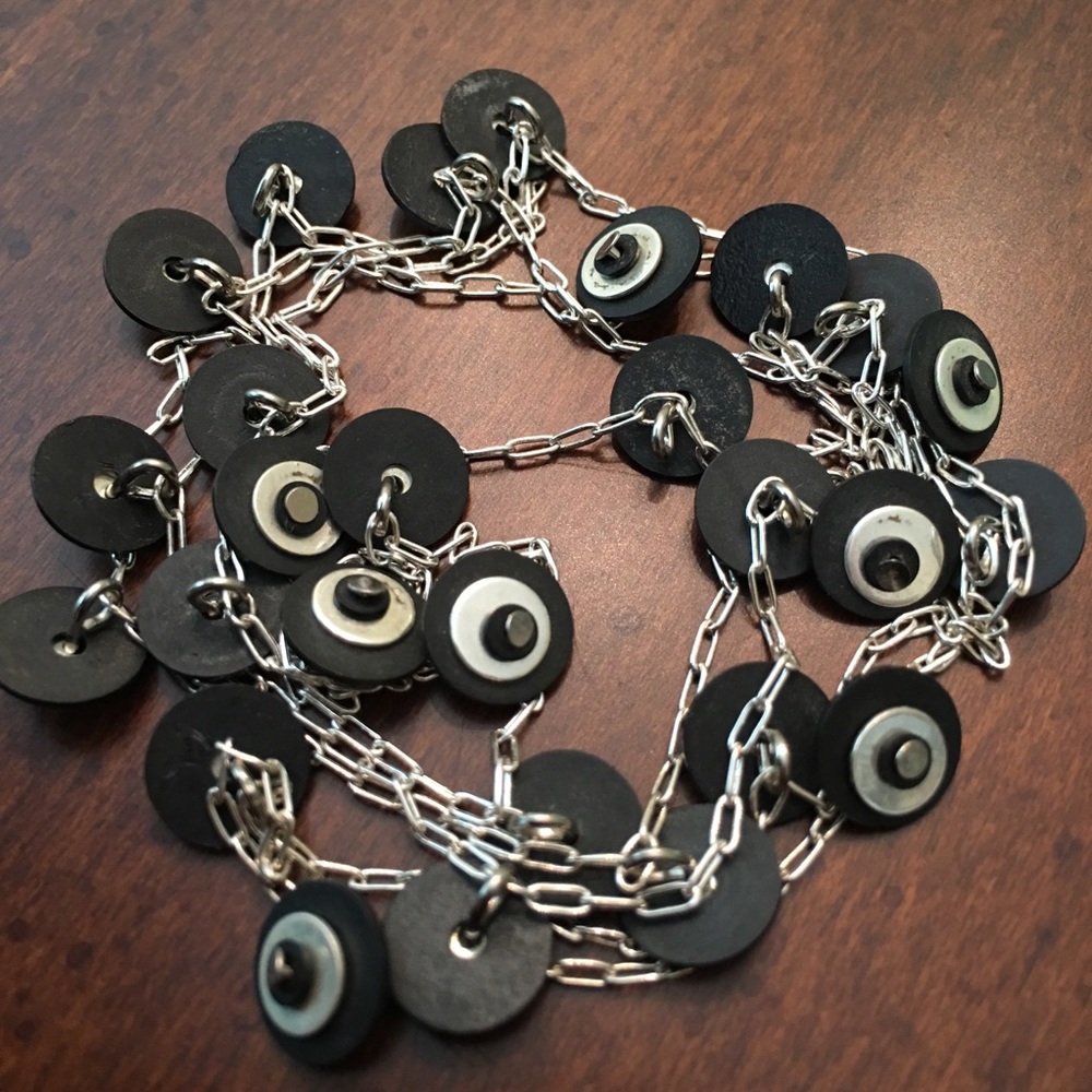 Vinyl heishi beads with silver disks. Necklace